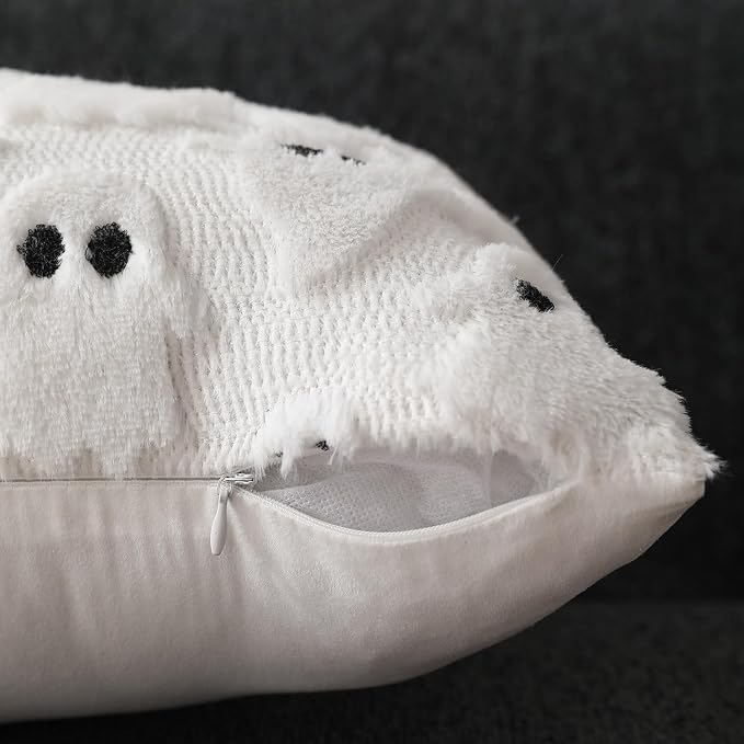 DFXSZ Halloween Pillow Covers 14x36 inch 2Pcs White Ghost Halloween Decor | Halloween Decorations Set of 2 Throw Pillow Cases Plush Faux Fur Wool Cushion for Chair Sofa Bedroom Living Room Home Decor