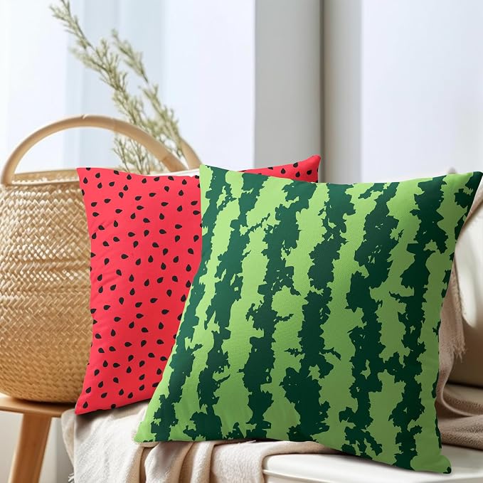 Watermelon Pillow Covers 22X22 Inch Set of 2 Summer Fruits Decorative Pillow Cases Green Red Stripes Cotton Linen Cushion Case Farmhouse Modern Home Decor for Sofa Couch Bedroom
