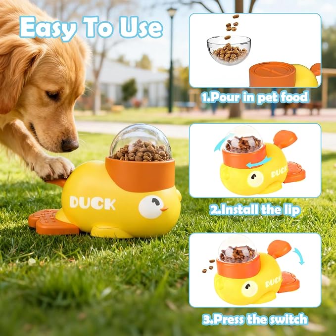 2 in 1 Dog Interactive Treat Dispenser Toy - Durable Food Puzzle Slow Feeder, Duck Shape Enrichment Toys with Button, Mentally Stimulating Toys for Dogs/Cats/Pets