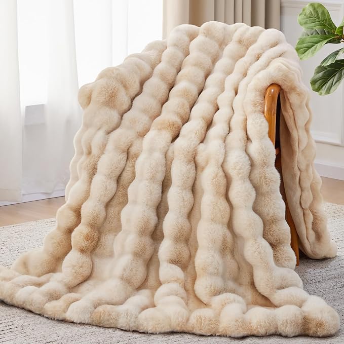 Anysay Faux Fur Throw Blanket, 1000GSM Fluffy Soft Bubble Blanket 60''*80'' | Cozy Plush Warm and Thick Blanket for Couch Bed, Fuzzy Rabbit Throw for Living Room Bedroom Camel