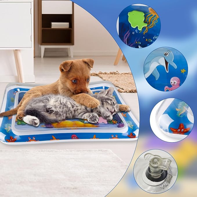2026 Upgraded Thickened Cat Water Sensory Play Mat, Anti-Scratch Leak Proof Cooling Pad with Floating Fish Toy, Interactive Hunting Exercise Mat for Indoor Cats