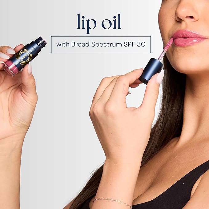 Brush On Block Sun Shine Protective Lip Oil SPF 30, Mineral Protection from UVA/UVB & Blue Light, Hydrating, Cruelty-Free, Gluten-Free, & Vegan, Nude