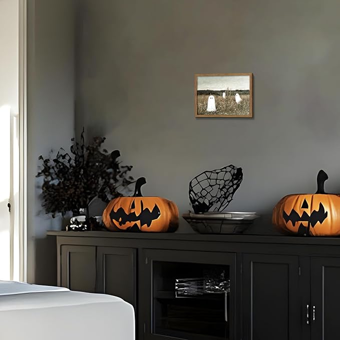 Framed Vintage Halloween Wall Art, Cute Ghost Meadow Painting, Rustic Landscape Canvas Halloween Wall Decor, Aesthetic Spooky Ghost Wall Art for Living Room Bedroom Bathroom 8x10 inch
