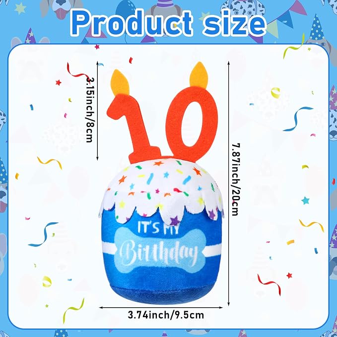 Dansydaisy Dog Birthday Cake Toy Squeaky Plush Gift,10th,Blue