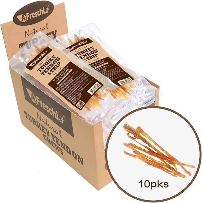 A Freschi srl Turkey Tendons for Dogs, USA-Sourced Human Grade, Rawhide-Free Long-Lasting Puppy Chews, All Natural Hypoallergenic Dog Treats for Small Breeds, Strips, 10 Pack Box