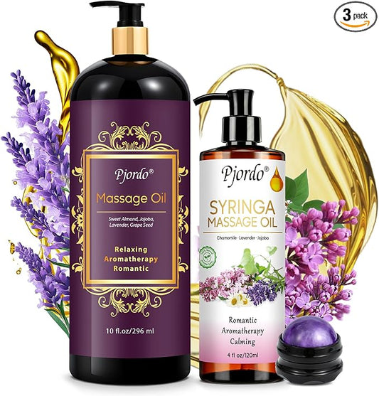 Pjordo 2 Pack Massage Oil for Massage Therapy, Lilac Oil, Lavender Massage Oil for Skin, with Massage Roller Ball, Natural Body Oil for Calming, Aromatic, Soothing, Spa Gift Set for Him Her