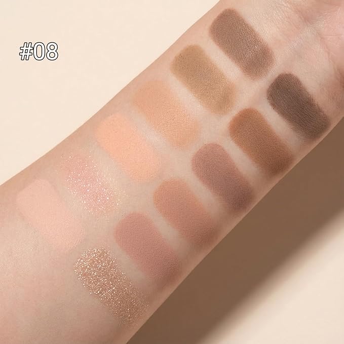 Erinde 12 Colors Eyeshadow Palette, Latte Brown Neutrals & Nude Eye Shadow Makeup, Matte Shimmer Finishes, Long Lasting Ultra-Blendable Waterproof Eyeshadow Powder for Daily & Party, 08