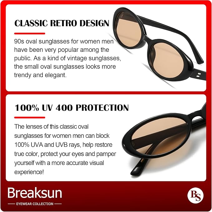 Breaksun Retro Oval Sunglasses for Women Men Fashion Small Oval Sunglasses 90s Vintage Shades