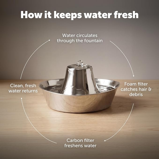 PetSafe Seaside Stainless Pet Fountain, 12 Carbon & 2 Foam Filters, 1 Pump | 60 Oz Capacity, 360-Degree Flow, Triple-Filter with 2.5x More Activated Carbon, Scratch/Rust-Resistant Stainless Steel