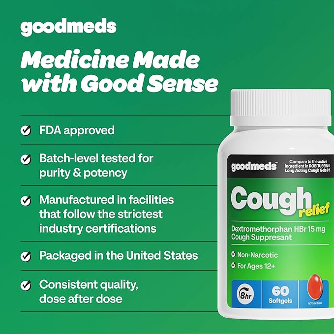 Cough Relief for Adults Softgels Dextromethorphan HBr (DXM) 15mg 8Hour, Non-Drowsy, Long-Lasting Bronchial Suppressant for Dry Cough and Chest Congestion (60 Count)