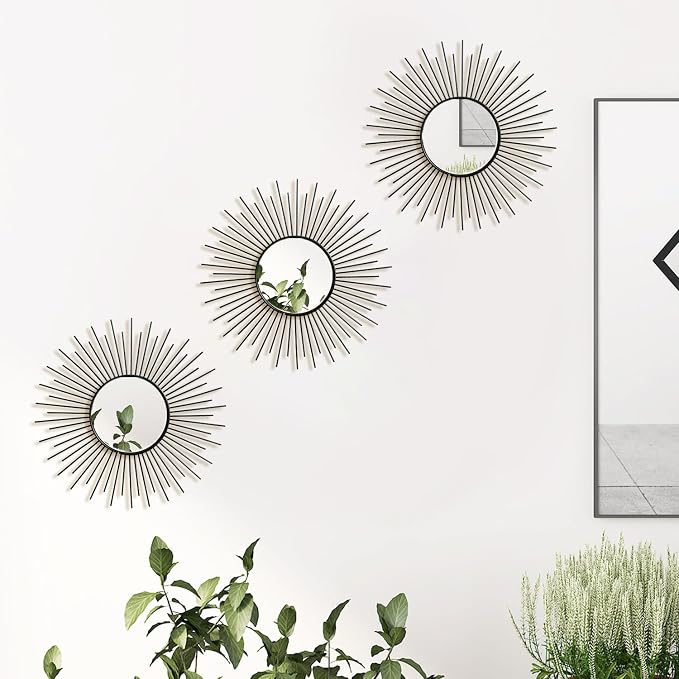 3 Pack Metal Mirrors for Wall Sunburst Wall Mirrors Home Décor Decorative Hanging Wall Art for Living Room Bedroom Entryway (Black2, Sunburst)