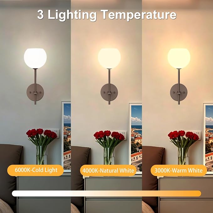 Brown Battery Operated Wall Sconces Set of 2, Rechargeable Wireless Wall Lights with Milky White Frosted Glass, 12 RGB and 3CCT Dimmable Wall Lamps with Remote for Bedroom Living Room Hallway