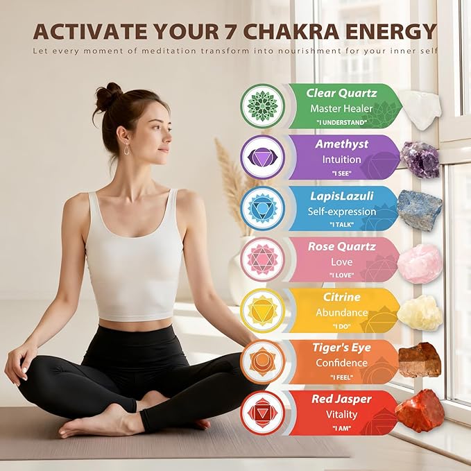 7 Chakra Healing Crystals Set - Large Raw Stones: Amethyst, Rose Quartz, Citrine, Lapis Lazuli, Clear Quartz, Tigers Eye, Red Jasper - Energy Alignment Kit with Wooden Gift Box & Guidebook