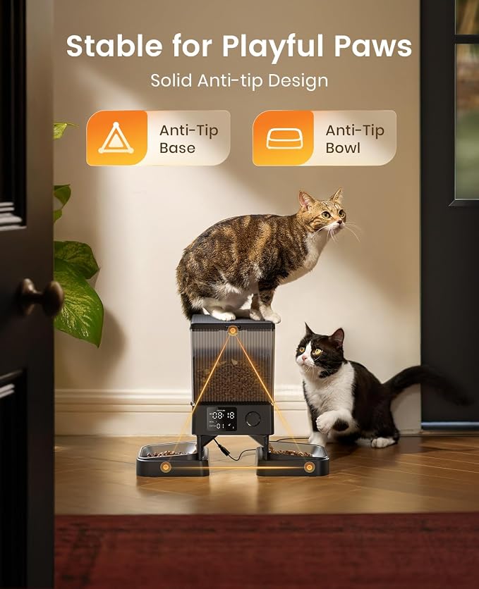 oneisall Automatic Cat Feeder for 2 Cats Pets, Timed Cat Food Dispenser | 20 Cups/5L, Prevent Fighting, Precise Portion, Balanced Dispense, Non-Slip & Stable, Voice Recorder, Stainless Steel Bowls