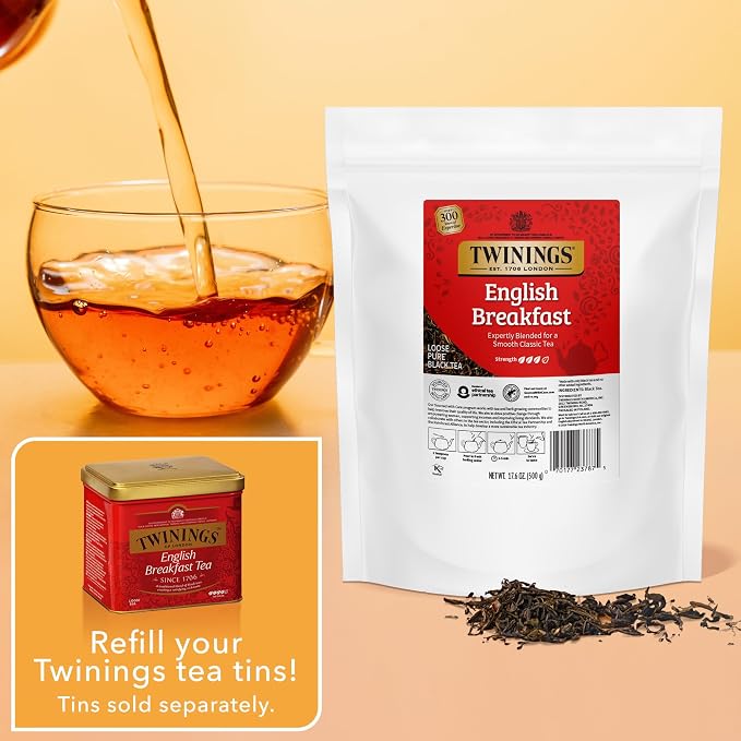 Twinings English Breakfast Loose Leaf Tea, 17.6 Ounces (500g) Resealable Pouch for Freshness (Pack of 1), Smooth, Flavourful, Robust Black Tea Leaves, Caffeinated, Enjoy Hot or Iced