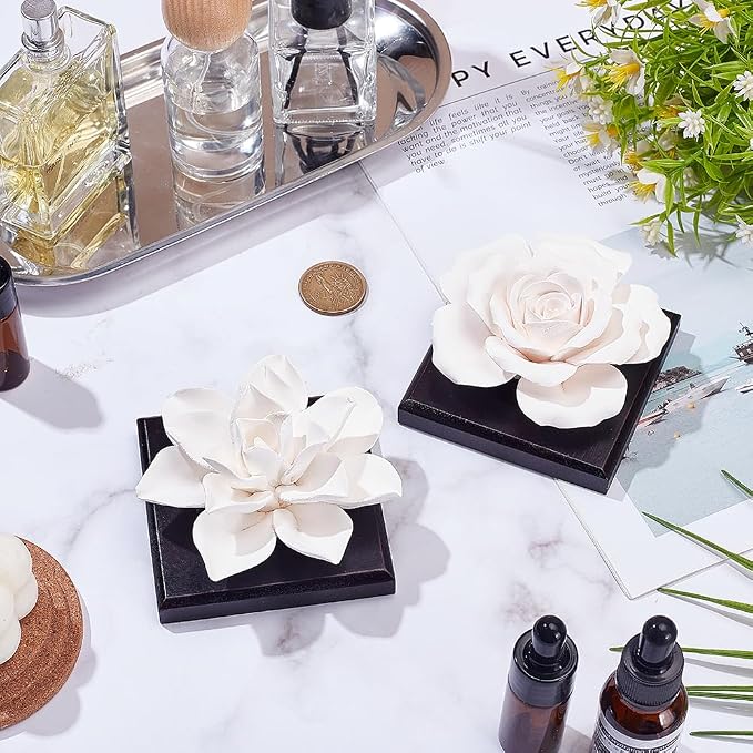 INFUNLY 2PCS White Rose Essential Oil Diffuser Stone Mini Ceramic Aromatherapy Diffusers 3.3x3.3 Inches Scent Air Ornament Kit Essential Oil Passive Flower Diffuser for Gifts Room Office Car Decor