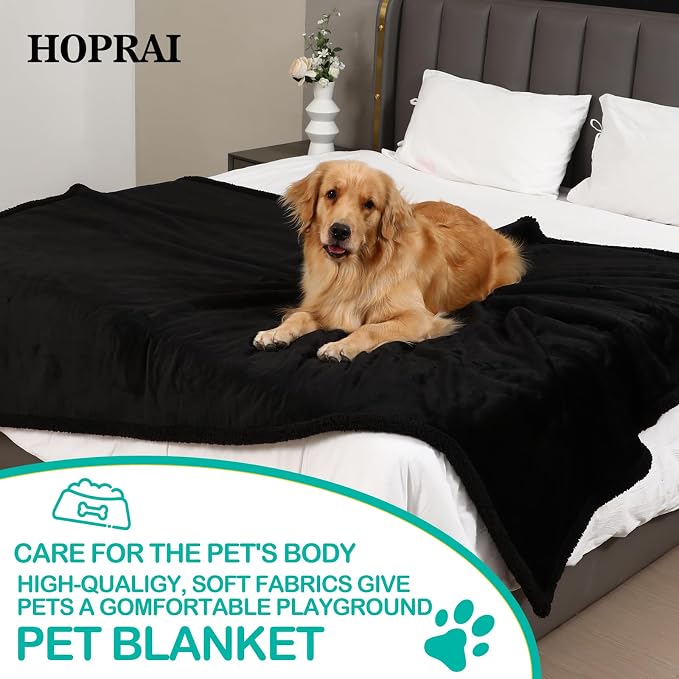 Waterproof Pet Blanket for Medium Large Dogs Washable Fluffy Thick Jacquard Shag Fleece Warm Sherpa Pet Blanket Cats Puppy Couch Protection (Black L57*65inches)