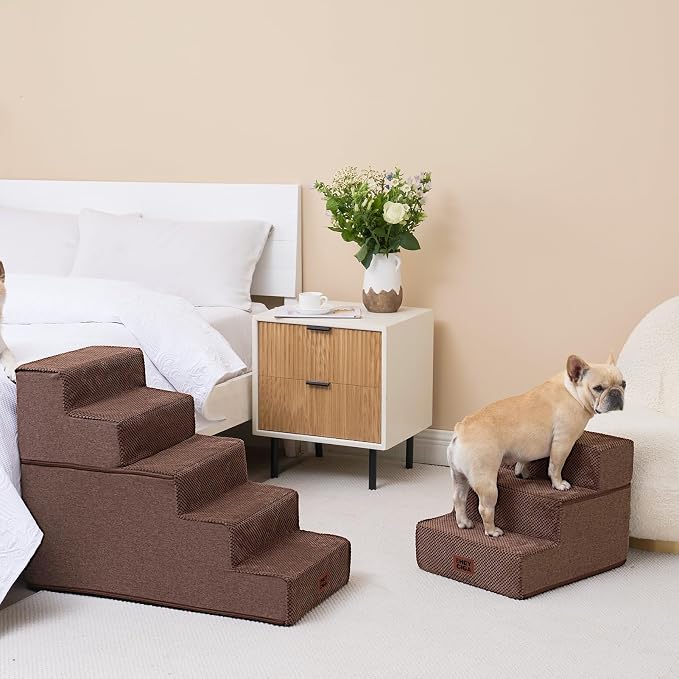 EHEYCIGA Dog Stairs for Small Dogs 13.5" H, 3-Step Extra Wide Dog Steps for Couch Sofa and Chair, Pet Steps for Medium Cats, Non-Slip Balanced Pet Ramp Indoor, Brown