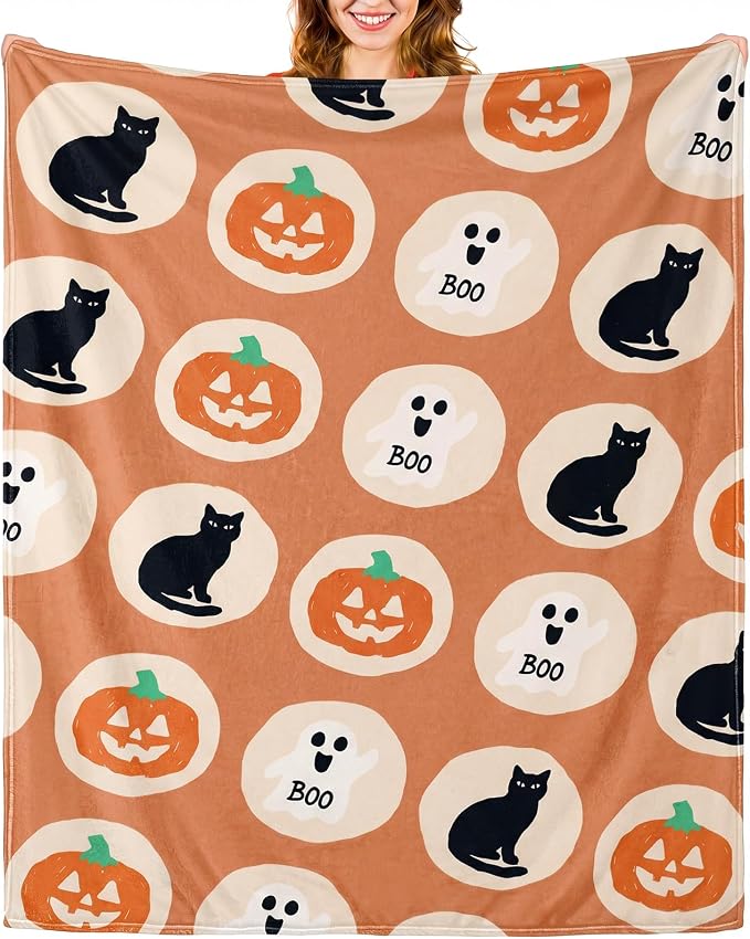 50'' x 60'' Halloween Throw Blanket Ghost Pumpkin Cat Sugar Cookie | Cute Boo Black Cat Pumpkin Plush Warm Blanket Halloween Decor for Home Sofa Decor Couch Bed