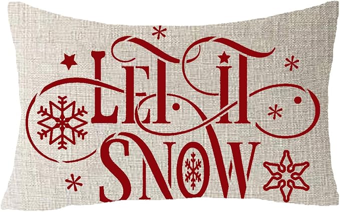 Happy Winter Holiday Red Snowflakes Stars Let It Snow Merry Christmas Blessing Gift Cotton Linen Decorative Throw Pillow Cover Cushion Case Lumbar 12X20 inches