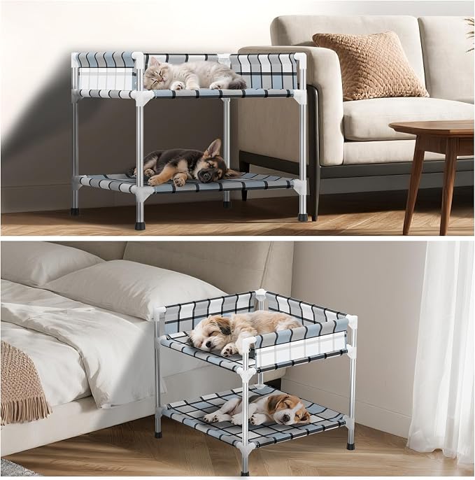 Bedside Dog Bunk Bed with Guardrail, 2 Layers Window Perch Sleeper Dogs Cot | 2-Tier Bedside Sleeper with 3-Fence, Double Elevated Human Dog Bed for Multi-Pet Households, Small