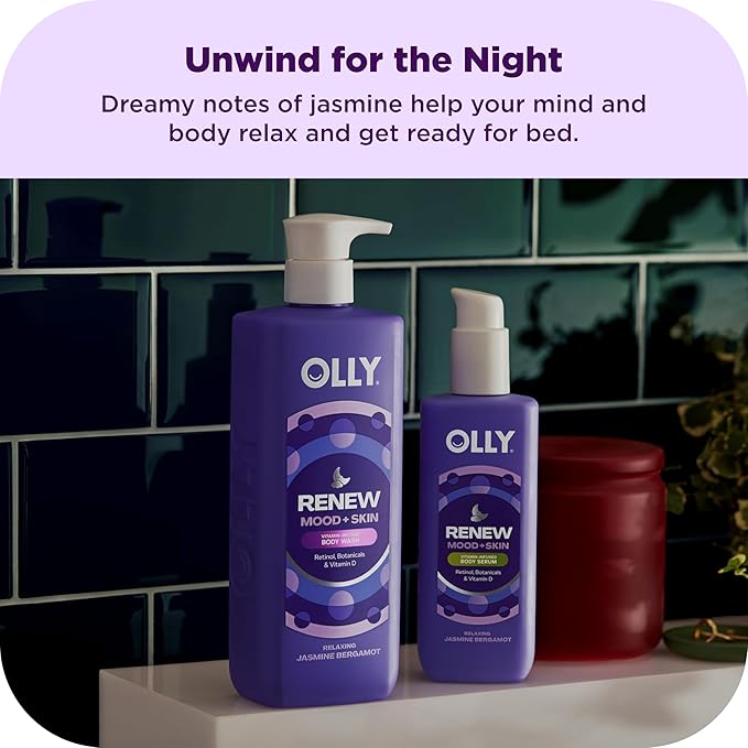 OLLY Rest & Rise Body Care Set – Day & Night Regimen – 2 Body Washes + Body Serum Lotion + Scrub – With Vitamin D, Retinol, Botanicals & Vitamin C– Nourishing, Hydrating – 4 count