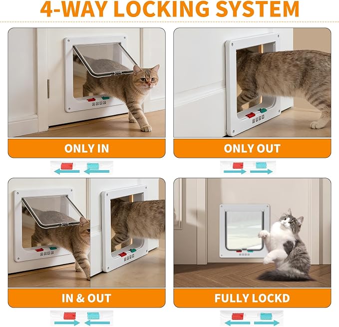 Cat Door for Interior and Exterior Doors with 4-Way Locking System - Pet Door for Cats and Small Dogs, Durable Transparent PVC Flap with Noise Reduction Seals-Viywicz
