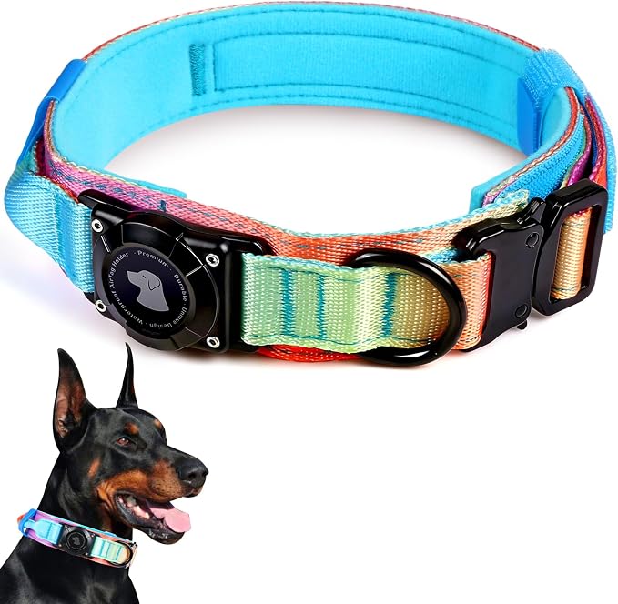 2026 Upgrade Waterproof Tactical AirTag Dog Collar, Built in AirTag Holder | Comfortable Control Handle, Quick Release Metal Buckle, Durable 1000D Nylon, For Medium to Large Dogs, Pastel lcing,XL