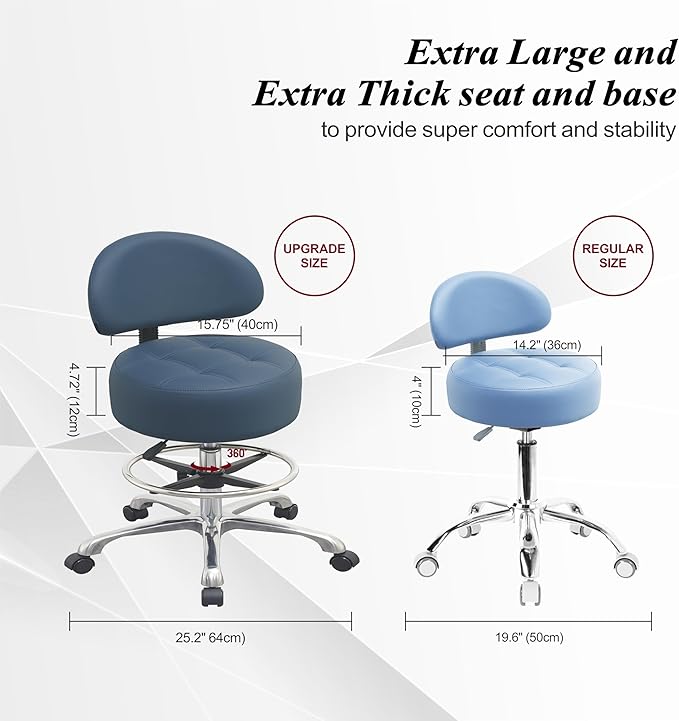 Adjustable Rolling Shop Stool with Back Support - Heavy Duty Kitchen Stool with Wheels for Salon, Spa, Massage, Tattoo, Esthetician - Extra Thick for Comfort