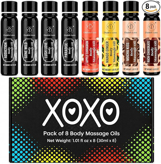XOXO - 8 Piece Flavoured Body Massage Oils Set - Natural Pleasant Aroma for Men & Women - Quality Assurance, Nourishing & Moisturizing - 240ML/8.11 FL Oz - By Dude’s Love