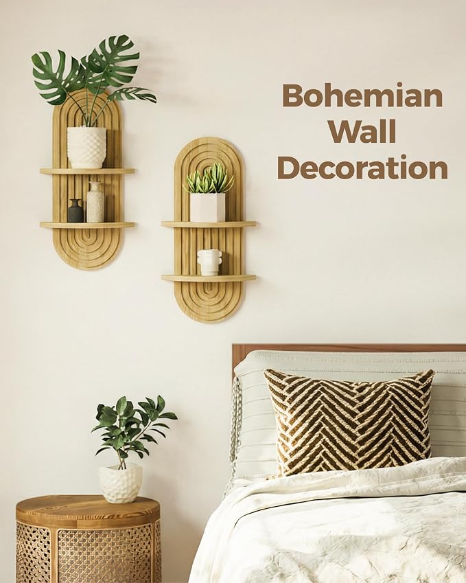 Bamworld Boho Wall Decor Plant Wall Shelf Wood Plant Holder Natural 2PCS | Mid Century Modern Decor Hanging Plant Shelf Wooden Floating Shelves for Home Bedroom Living Room Holding Planter Decoration