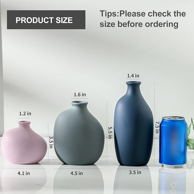 Small Ceramic Vase Set of 3, Modern Decorative Pottery Vases | Three different shapes with matte finishes, perfect for shelves, tabletops, dried flowers and stylish room accents.