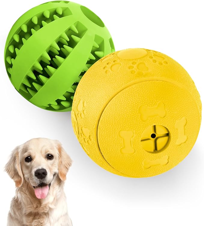 HIPPIH Dog Puzzle Toy 2 Pack, Interactive Dog Toys for Treat Dispensing | Durable Puppy Enrichment Toys, Dog Treat Ball for Teething, Slow Feeder, IQ Training, Green-2.75'', Yellow-3.14''