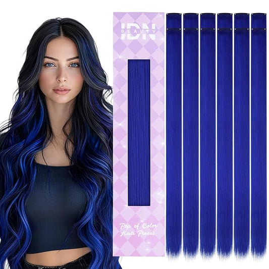 IDN BEAUTY 12PCS Colored Clip in Hair Extension Straight Synthetic Hair Pieces Blue