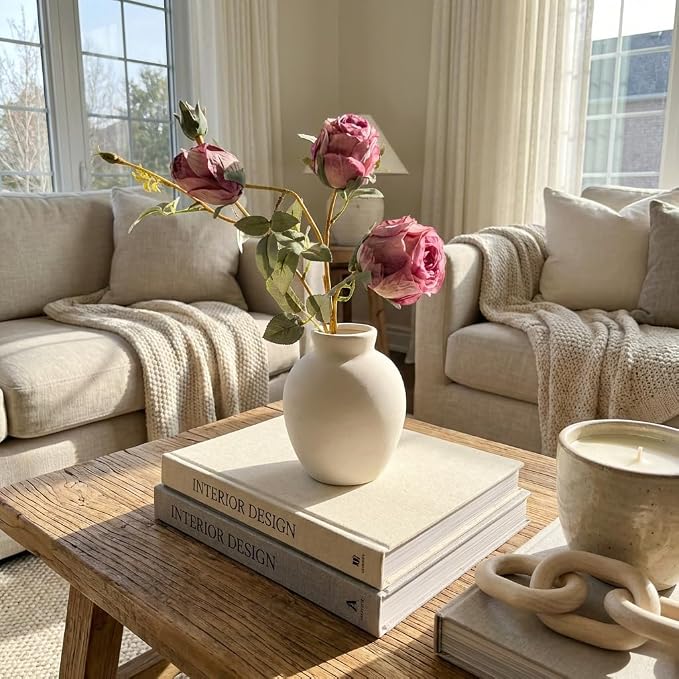 Ceramic Vase | 6 Inch White Vase Pottery Rustic Farmhouse Boho Vase for Home Decor, Table, Living Room, Bathroom, Shelf, Mantel Decoration, Wedding (6'' Retro)