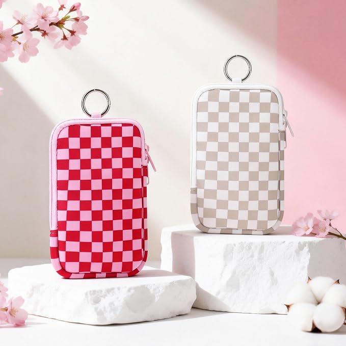 KJQJLY 2 Pack Portable Tampon Organizer Bag Tampon Holder & Storage Case with Zipper for Travel, Discreet Period Bag for Purse, Waterproof Feminine Products Pouch for Women (Checkered)