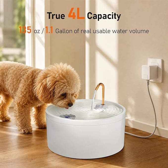 MISFANS Ceramic Dog Water Fountain, All-Ceramic Body, Pure Copper Spout | 4L/135oz Capacity, Under 20dB Pump, Dual Filtration, 3 Filters and 3 Sponges, Two Flow Modes, Small and Medium Dogs, White