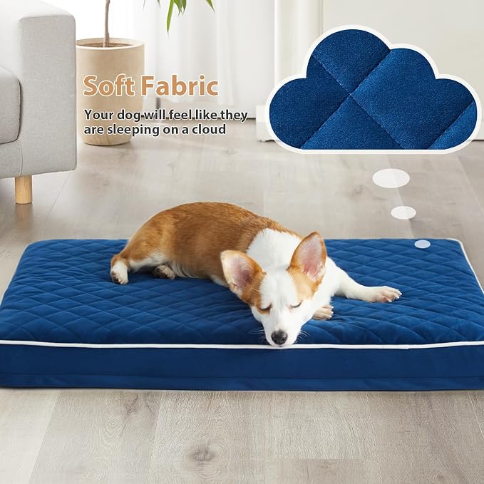 WNPETHOME Orthopedic Waterproof Large Dog Bed for Crate Cozy Sleep | Washable Large Pet Bed with Removable Cover, Multi-Needle Quilting Dogs Crate Beds Blue 35x22 Inch
