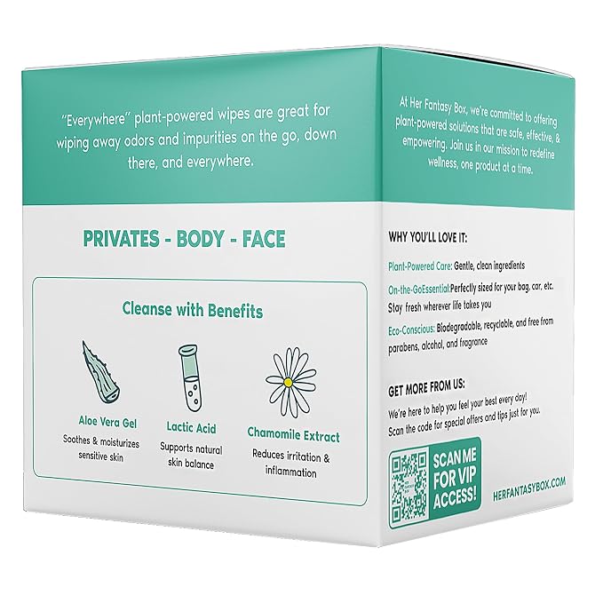 Her Fantasy Box | Everywhere Wipes – 100% Organic Cotton, Gentle & Refreshing, pH-Balanced, Fragrance-Free, Plant-Powered for Body, Face & Intimate Areas, Ideal for Sensitive Skin - 4 Pack, 60 Wipes