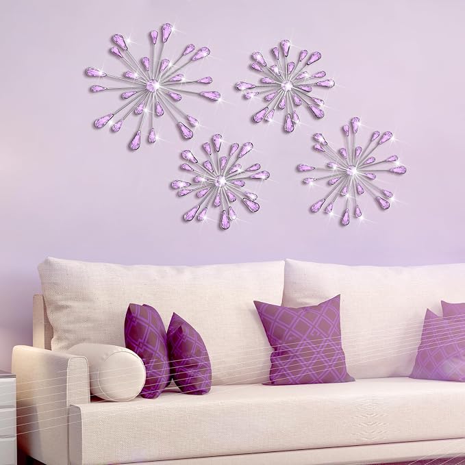 Hicarer 4 Pcs Starburst Wall Decor Bling Wall Art Crystal Teardrop 3D Hanging Rhinestone Radial Metal Artwork Modern Accent Sculptures Decorations for Living Room Home Office Bedroom(Purple)