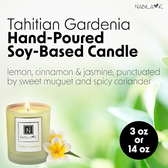 Nabila K - Tahitian Gardenia - Soy-Based Candle - Lemon, Cinnamon, Jasmine, Sweet Muguet & Spicy Coriander - Hand-Poured - Cotton Wick - Aromatherapy Candle w/Essential Oils - Made in USA - 3 oz