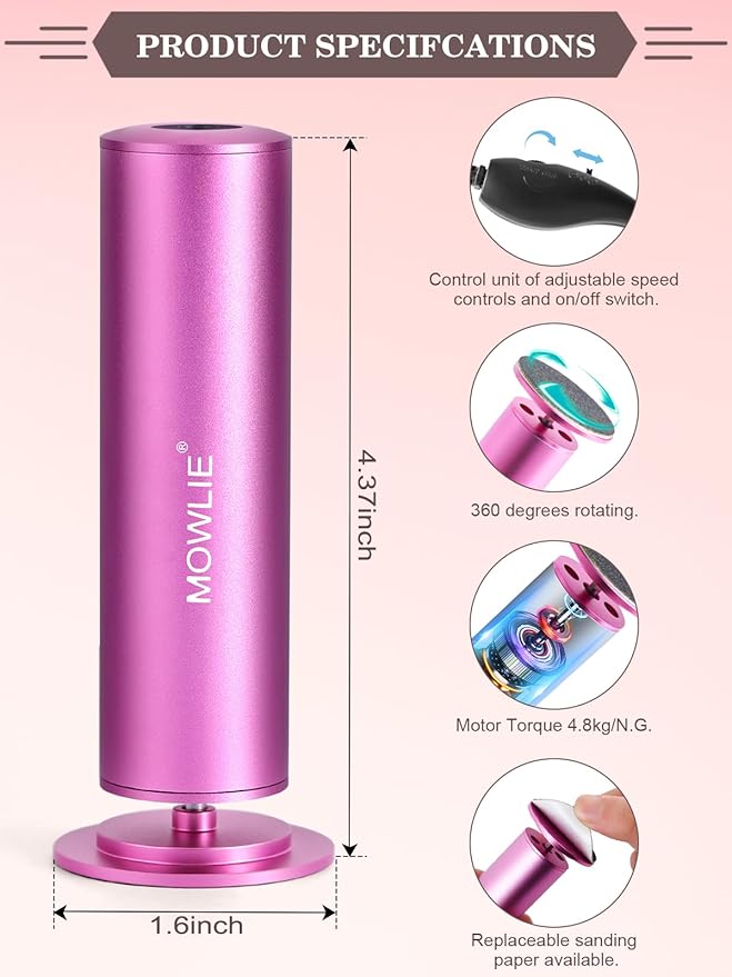 Electric Foot Callus Remover for Feet - Heavy Duty Pedicure Tool w/ 60 Grinding Discs Dead Skin Remover (Pink)