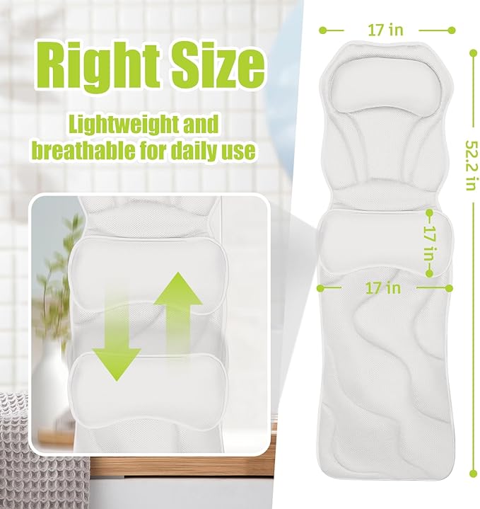 Bathland Full Body Bath Pillow for Tub - Extra Long & Thick Tub Pillow with Head, Back & Lumbar Support, 168 Non-Slip Suction Cups, Soft 5D Mesh Spa Cushion, Fits All Tubs-Gift for Soaking