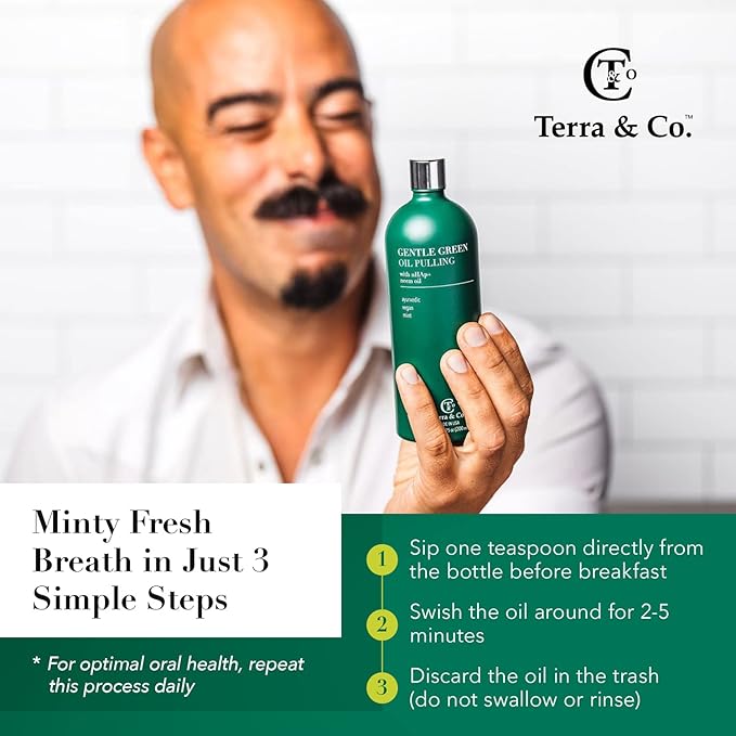 Terra & Co. Gentle Green Oil Pulling and Tongue Scraper | with Hydroxyapatite for Strong Enamel, Healthy Gums | Reduce Bad Breath
