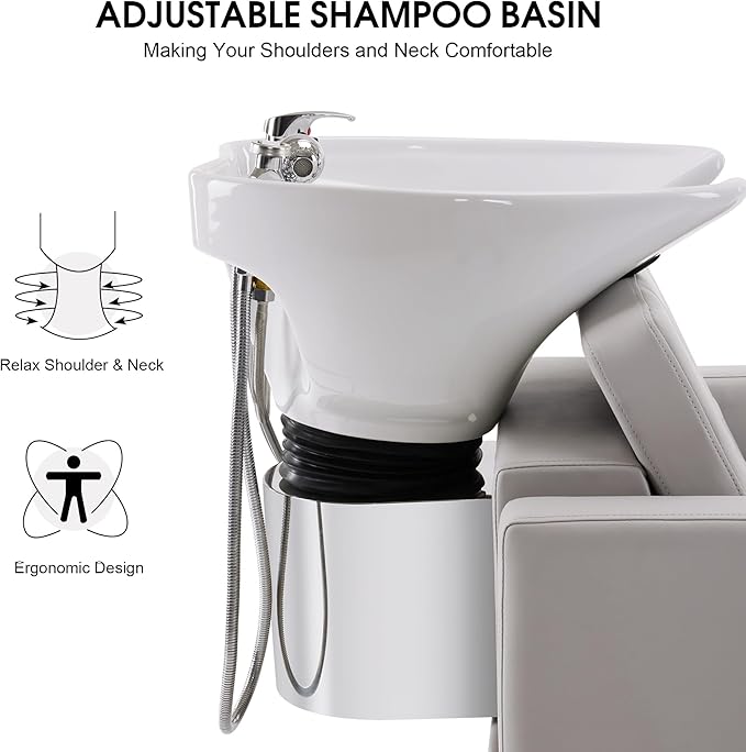 BarberPub Backwash Shampoo Station Chair, Adjustable Porcelain Ceramic Hair Wash Bowl, Vacuum Breaker, Professional Shampoo Chair and Bowl Unit for Salon and Spa 9309 (Gray)