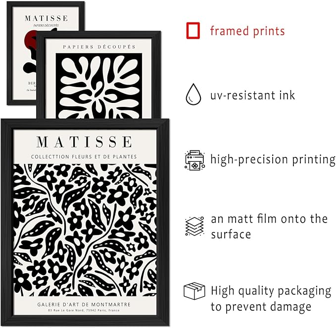 16 PCS Framed Black and White Wall Art Decor, Matisse Abstract Wall Prints for Bedroom, Gallery Wall Frame Set, Minimalist Posters for Living Room Aesthetic, Collage Kit, Dorm Home Artwork