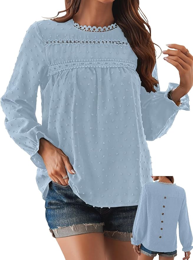 Womens Boho Tops Long Sleeve Shirts For Women Cute Crewneck Blouse Dressy Casual Swiss Dot Crochet Hollow Top 2026