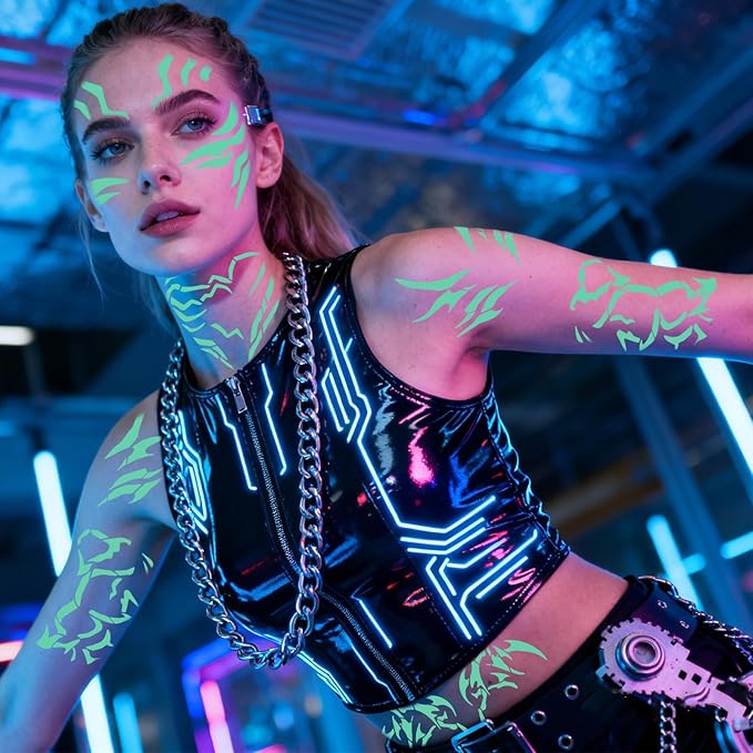 Temporary Tattoos For Men and Women - 12 Sheets Full Body Tattoos Stickers Waterproof Movie Cosplay Costume Accessories for Boys Girls Festival Party Rave Stage Makeup Decoration（Luminous）