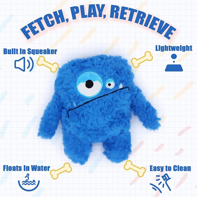 Monster Stuffed Squeaky Dog Toy, Crinkle Dog Plush Toy, Blue | Soft Lightweight Toy for Fetch and Chew, Interactive Outdoor Indoor Play for Tug, Birthday Gift, For Puppy Small Medium Dog