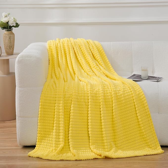 Puncuntex Fleece Throw Blanket Bright Yellow 50"×60"with Square Grid Design | Super Soft Plush Cozy Flannel Throw Blanket Luxury for Couch Sofa Chair